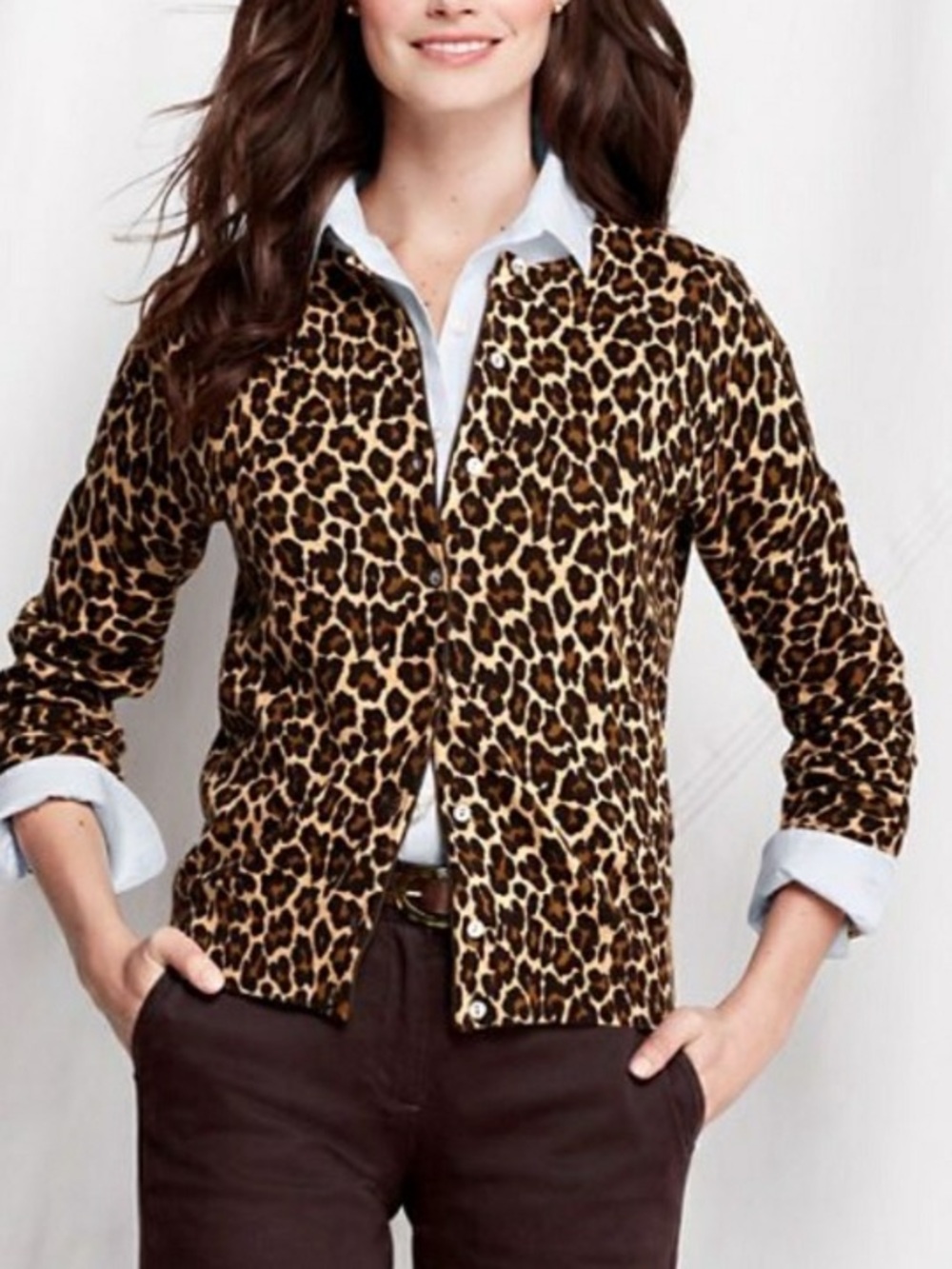 Lands’ End Leopard Print Cardigan EUC